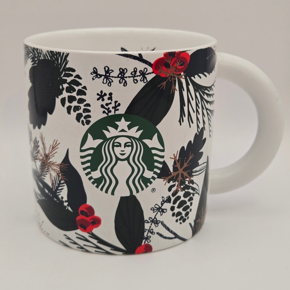 Starbucks 12oz Coffee Mug 2021 Holiday Pinecone Holly Berry Winter Botanical Cup